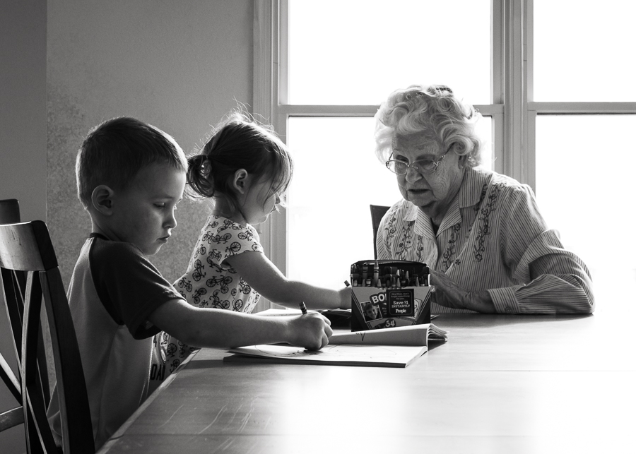 Great Grandmother and Great Grandson and Great Granddaughter coloring with crayons