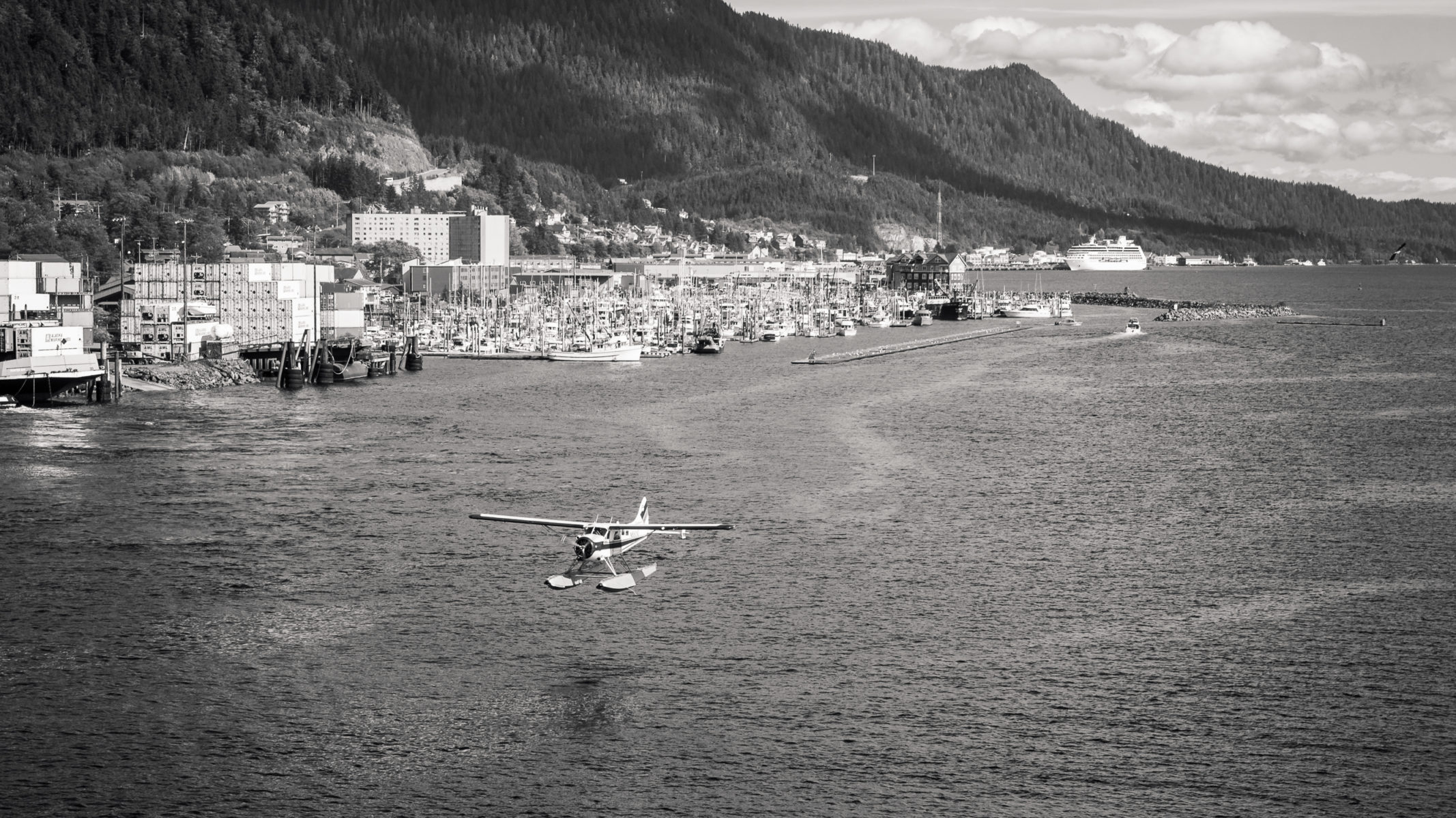 seaplane landing on water in Ketchikan Alaska